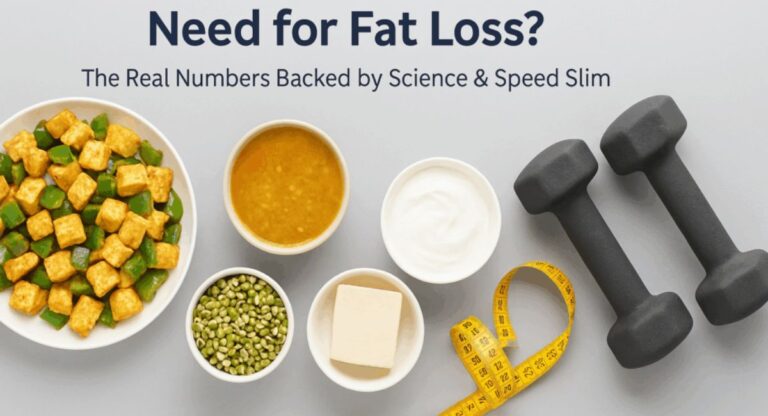 Illustration showing protein-rich foods and a weight scale with the title 'How Much Protein Do You Need to Lose Weight?' and healthy diet concept.