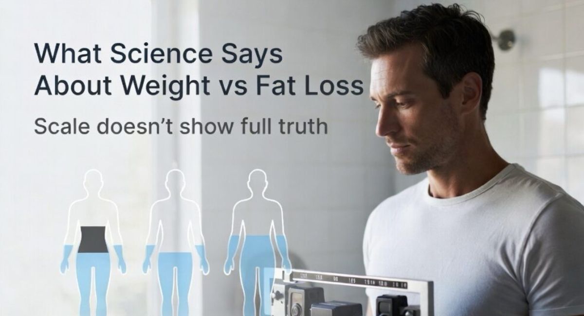 Person measuring weight loss progress, showing body fat reduction as energy is burned and released through breathing and bodily processes.