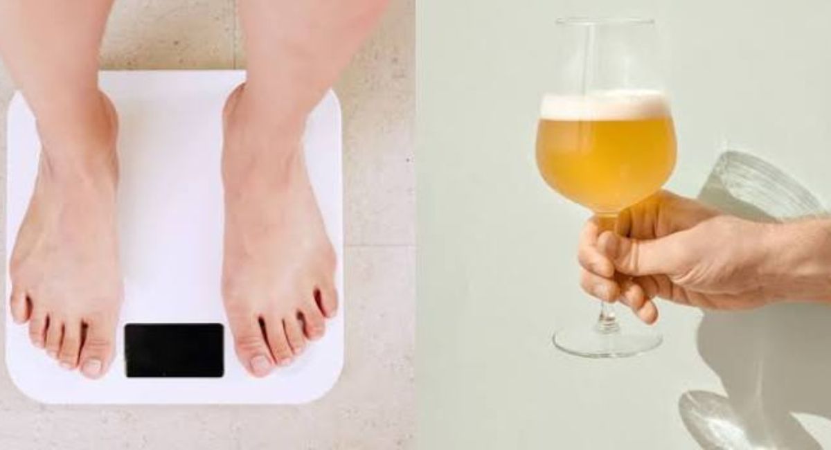 Person holding a drink while checking their weight, illustrating the surprising connection between alcohol consumption and weight loss.
