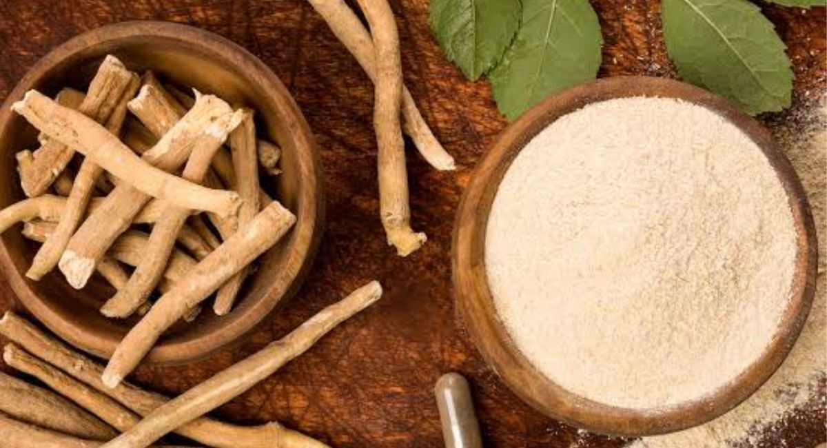 Ashwagandha capsules and root beside a measuring tape and scale, illustrating research on weight loss, stress reduction, and wellness support.