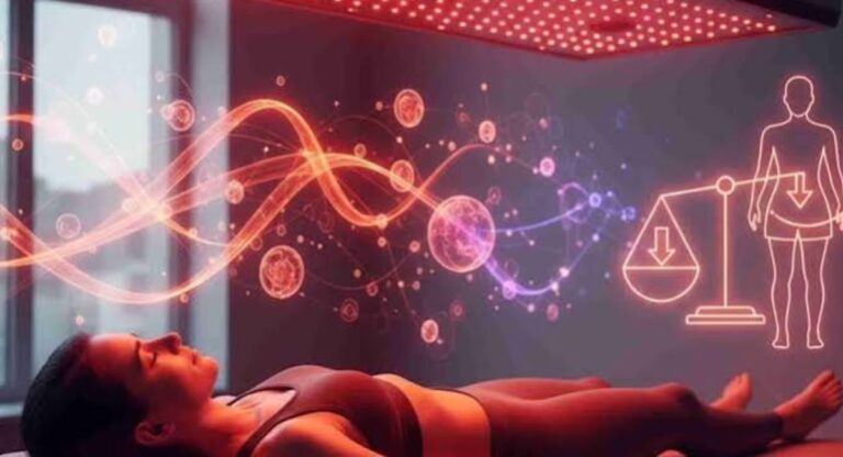 Red light therapy session for weight loss, showing a person under red LED light to illustrate fat reduction, body contouring, and wellness.