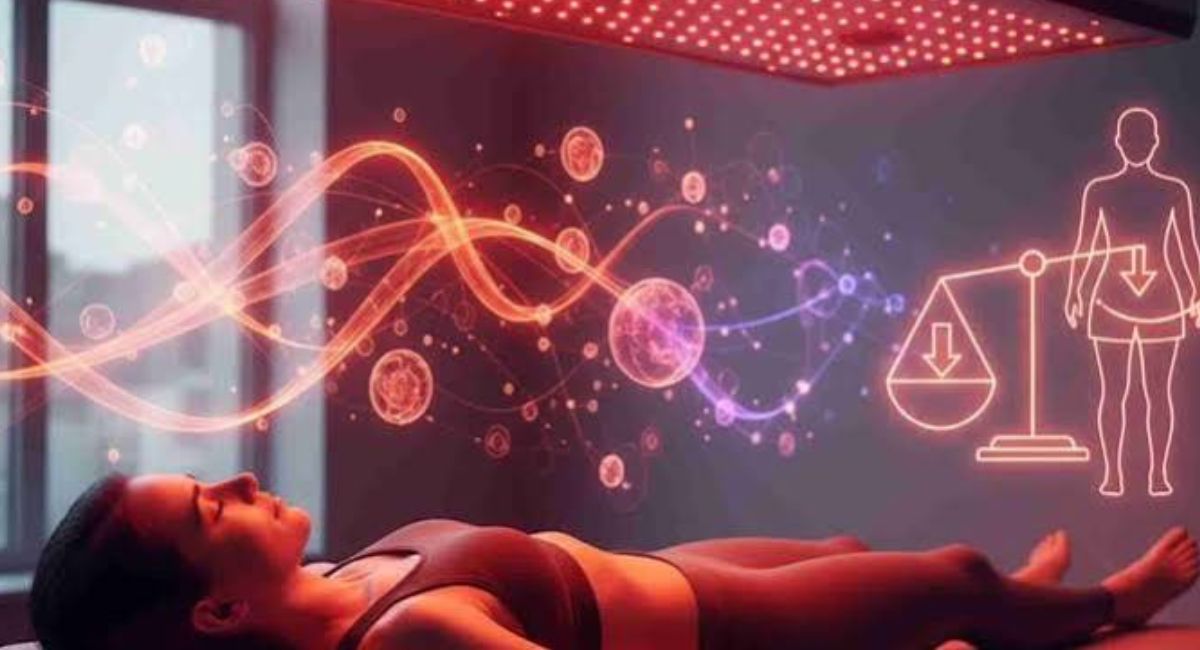 Red light therapy session for weight loss, showing a person under red LED light to illustrate fat reduction, body contouring, and wellness.