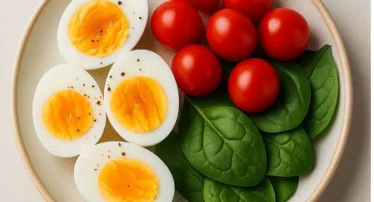 Boiled eggs on a healthy breakfast plate with fresh vegetables, showing a high-protein meal that supports weight loss and healthy eating.